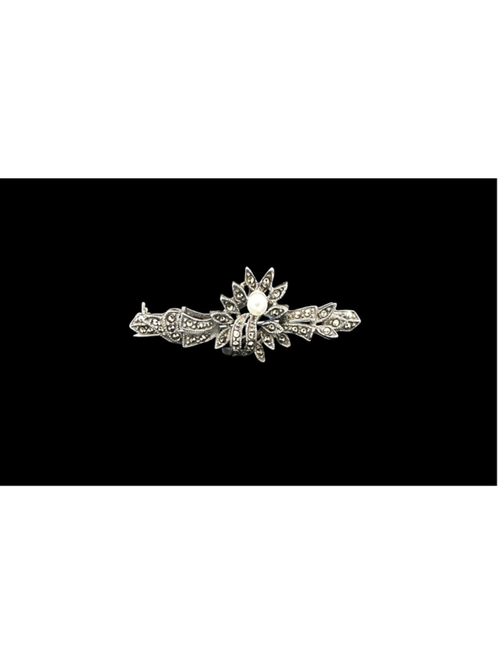 Vintage Thai 925 Sterling Silver Marcasite and Pearl Accent Floral Bar Brooch - Picture 1 of 5
